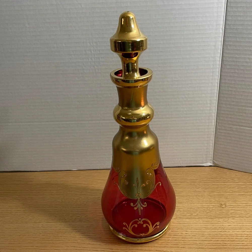 Bohemian Czech Ruby Red Gold Gilt Crystal Decanter & 4 Glasses Enamel Flowers